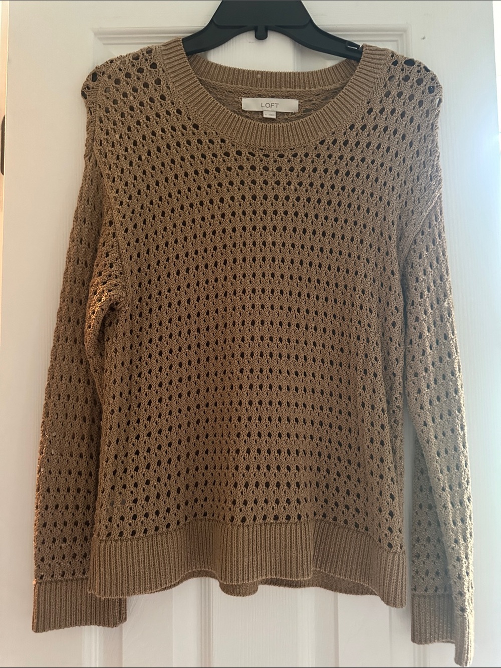 LOFT Open-Knit Crewneck Sweater in Camel Brown